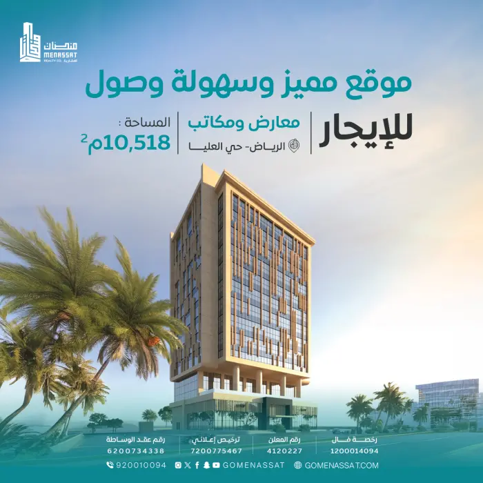 معارض ومكاتب للايجار (طريق الملك فهد) - Manassat Real Estate Company
